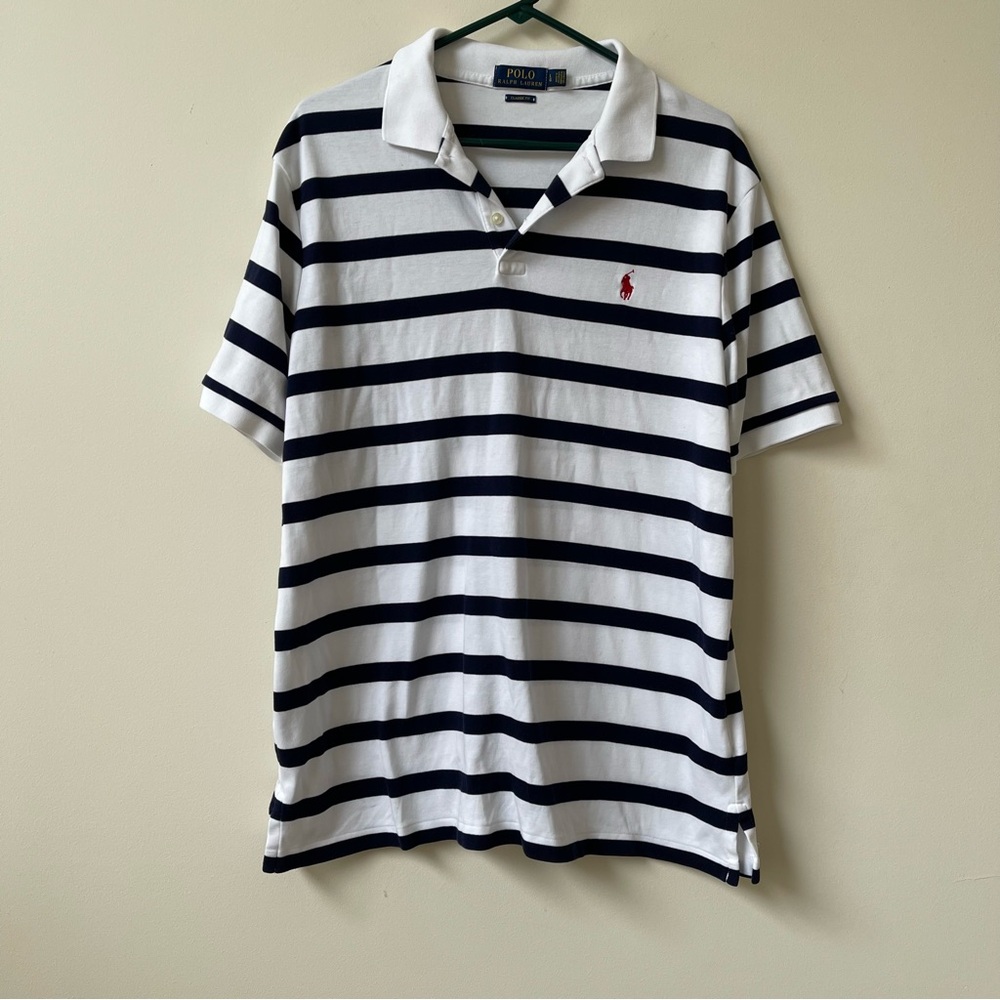 Ralph Lauren Men's Polo Shirt - Navy and White Stripes